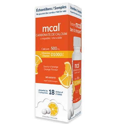 échantillons mcal carbonate de calcium 500 mg et vitamine D1000, saveur d'orange