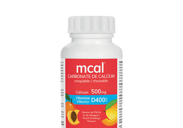 pot mcal carbonate de calcium 500 mg et vitamine D400, saveur de pêche et mangue